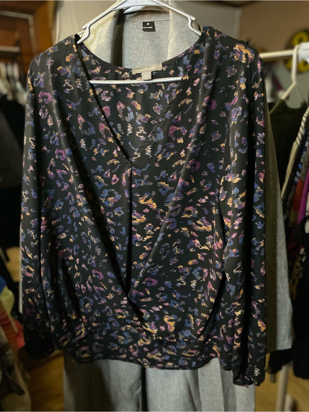 Women's Black V-Neck Long Sleeve Blouse with Multi-Color Animal Print
